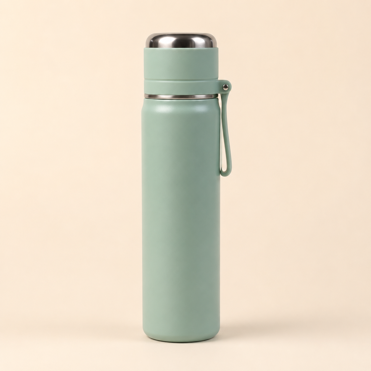 A matte sage green insulated water bottle with a stainless steel lid and a matching carrying loop, set against a solid light beige background.
