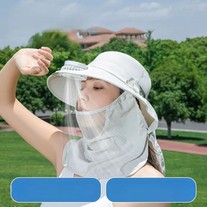 Women Wide Brim Solar Fan Sun Hat Integrated Face Shield Shawl Design UV Protection Fisherman Cap Outdoor Breathable