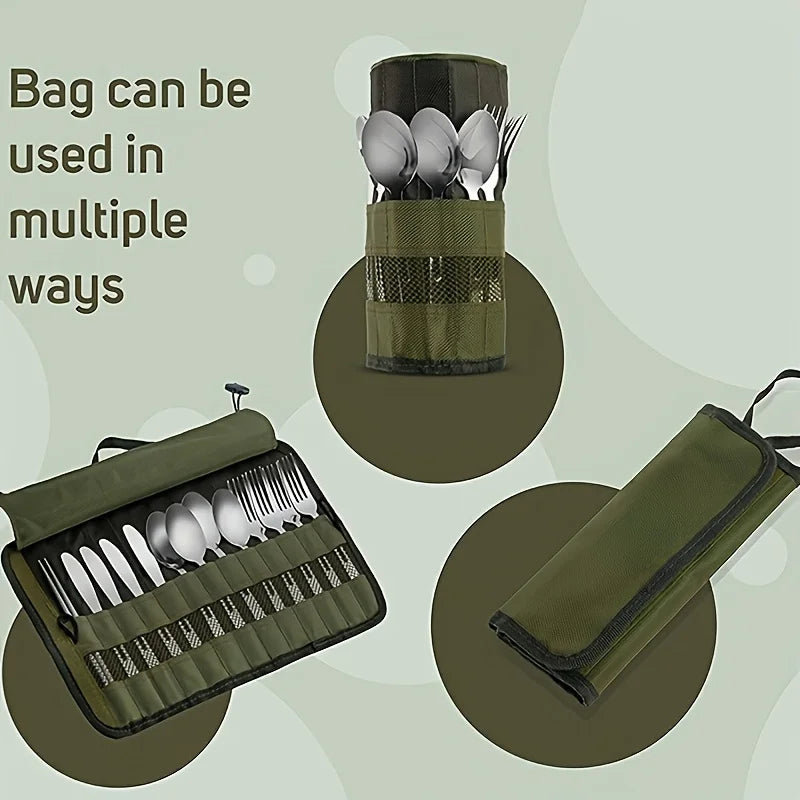 Outdoor camping tableware roll storage bag, Oxford cloth portable tableware bag with safety slot - lightweight and compact trave