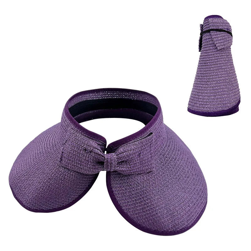 New Women Summer Visors Hat Foldable Wide Large Brim Bowknot Empty Top Straw Hats chapeau femme Beach UV Protection Caps