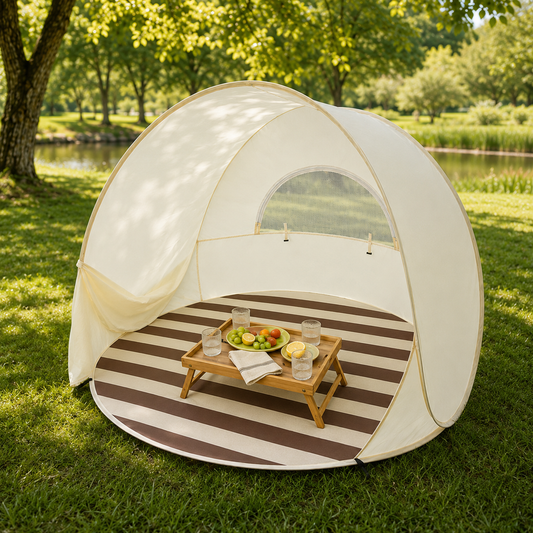 A dome-style pop-up beach tent with a striped floor mat and a small wooden folding table set up on grass by a lake, with trees and water visible in the background.