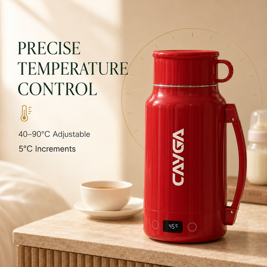 A red CAYGA insulated water bottle with a handle and lid, shown on a tabletop beside a cup of tea. Text on the left reads 'PRECISE TEMPERATURE CONTROL' with temperature details, and the bottle has a small digital display near the bottom.