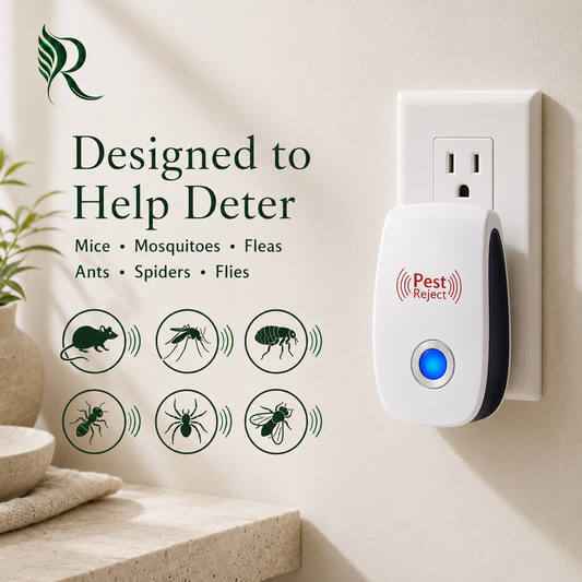A white pest repellent plug-in device with a blue button is shown plugged into a wall outlet. The image includes marketing text reading 'Designed to Help Deter Mice • Mosquitoes • Fleas • Ants • Spiders • Flies' with icons of those pests, plus a green leaf logo in the upper left.