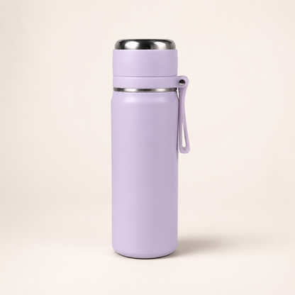 A light purple vacuum-insulated water bottle with a matching purple carrying loop and stainless steel accents, standing on a light beige background.