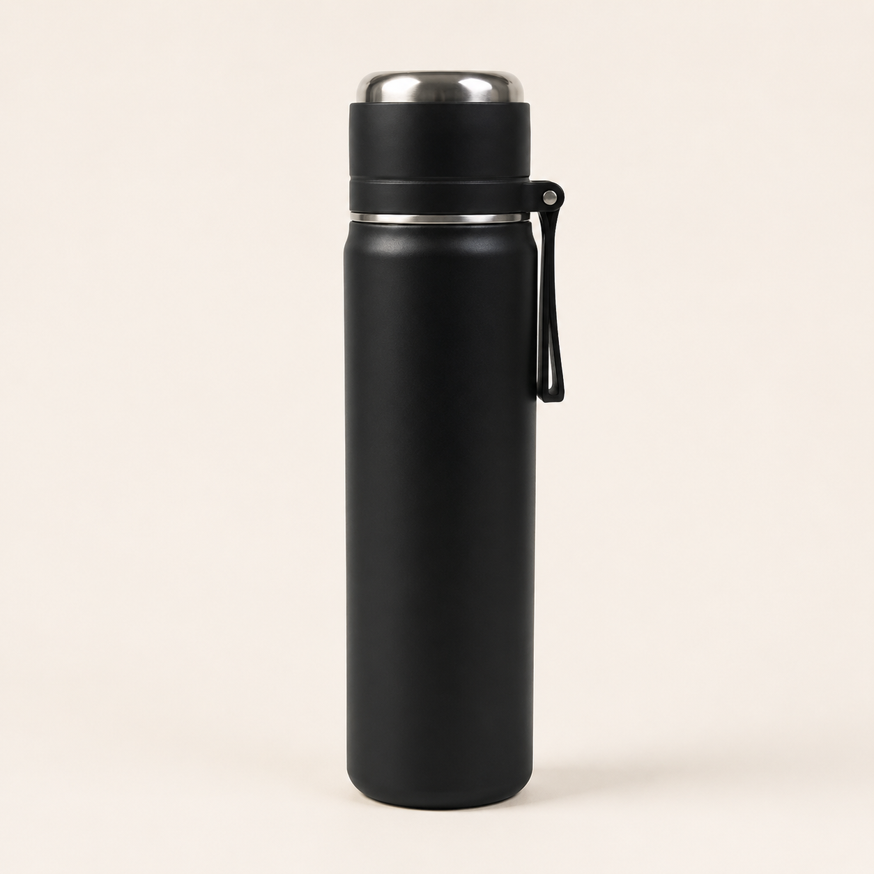 A matte black insulated water bottle with a stainless steel lid and a black carrying loop, shown on a plain light beige background.