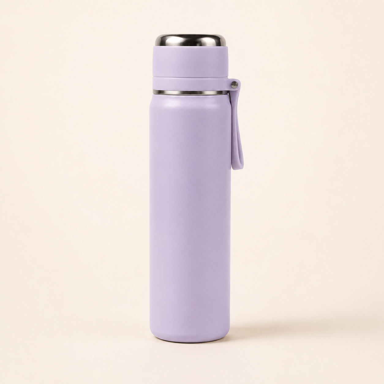 A light purple insulated water bottle with a matching carrying loop and a stainless steel lid, shown on a solid cream background.