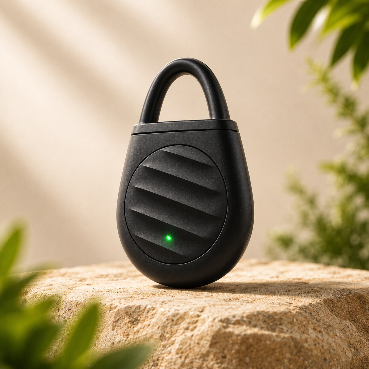 Black electronic lock on a stone surface with a natural background