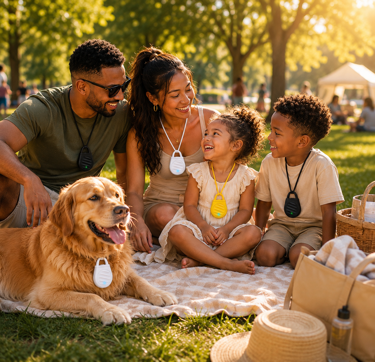 Family with two children and a dog sitting on a blanket in a park