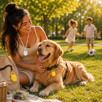 Woman sitting with a golden retriever in a park with children playing in the background