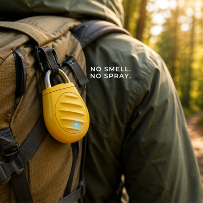 Yellow repellent device on a backpack with 'No Smell. No Spray.' text, person wearing green jacket in forest.