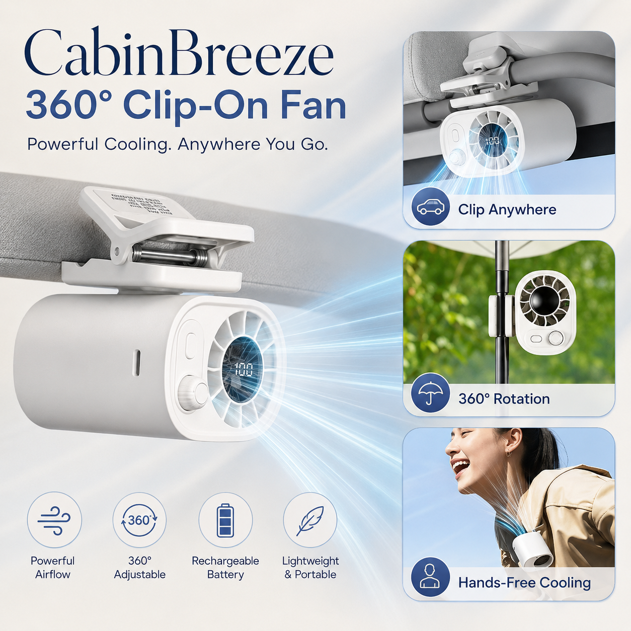 CabinBreeze 360° Rechargeable Clip-On Fan