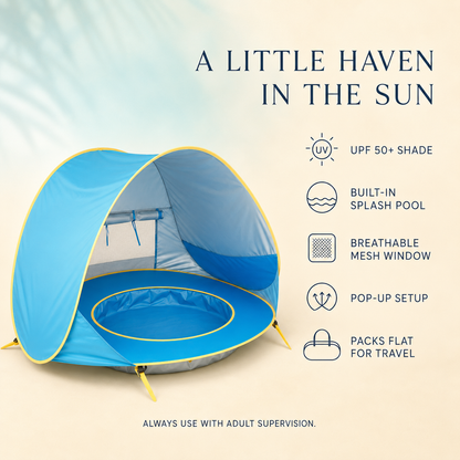 A blue and yellow pop-up beach tent with a built-in splash pool, shown on a light beige background with marketing text and feature icons including 'UPF 50+ SHADE', 'BUILT-IN SPLASH POOL', 'BREATHABLE MESH WINDOW', 'POP-UP SETUP', and 'PACKS FLAT FOR TRAVEL'.