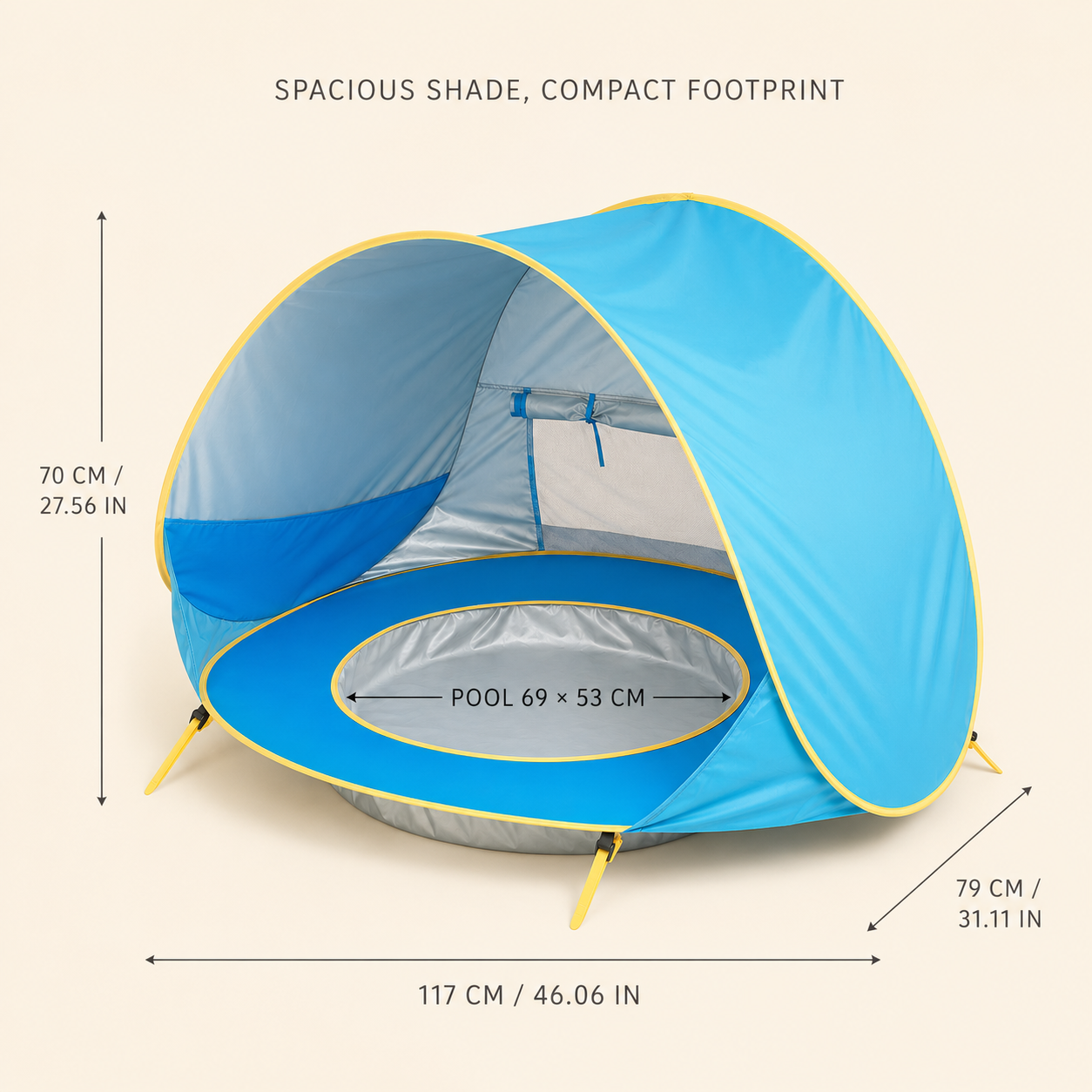 A blue pop-up pool tent with yellow trim and a gray interior, shown with measurement arrows and labels indicating height, pool diameter, and width on a light beige background.