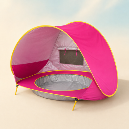 A bright pink pop-up beach tent with yellow trim and a gray interior, shown on a light beige background with a soft blue sky gradient.