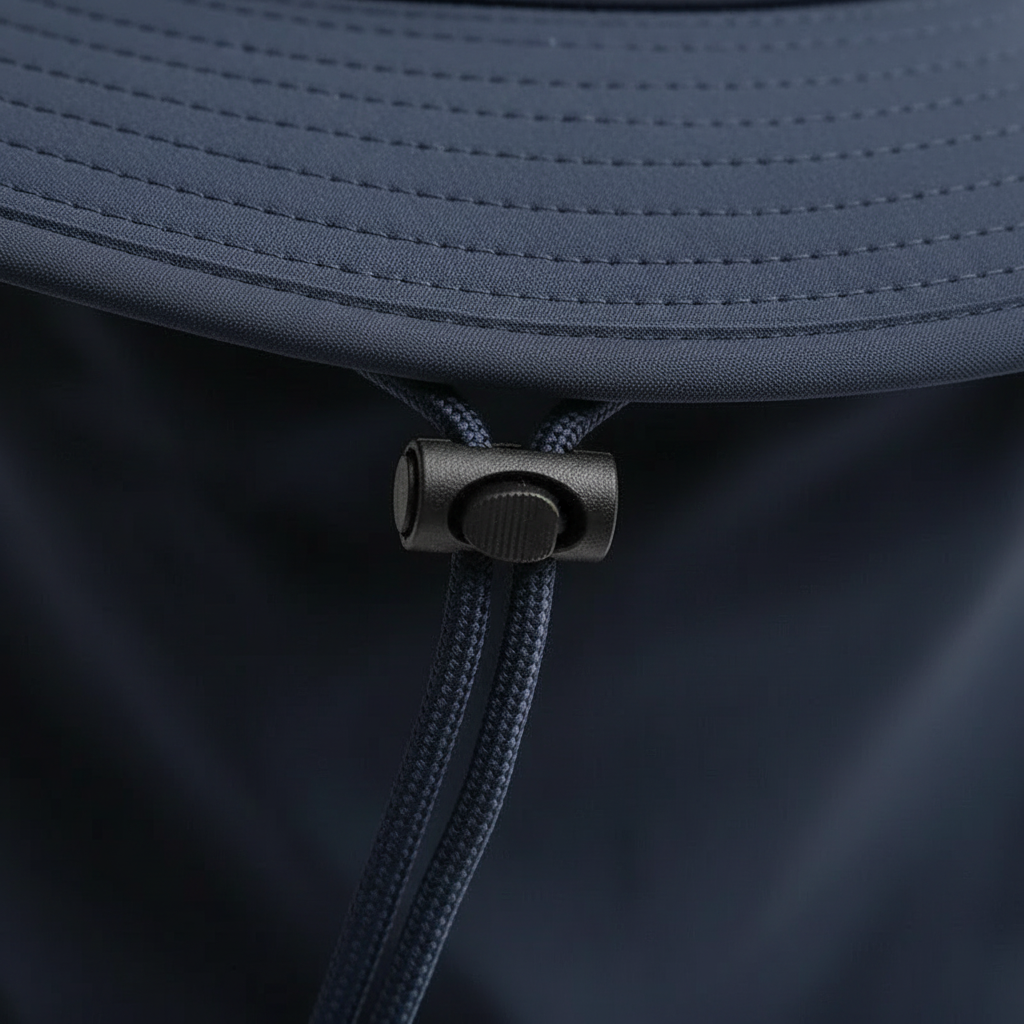 Close-up detail of a dark navy blue sun hat or backpack, showing the curved brim with stitched texture, a dark metal snap closure, and a matching navy drawstring cord.