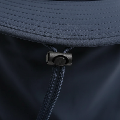 Close-up detail of a dark navy blue sun hat or backpack, showing the curved brim with stitched texture, a dark metal snap closure, and a matching navy drawstring cord.