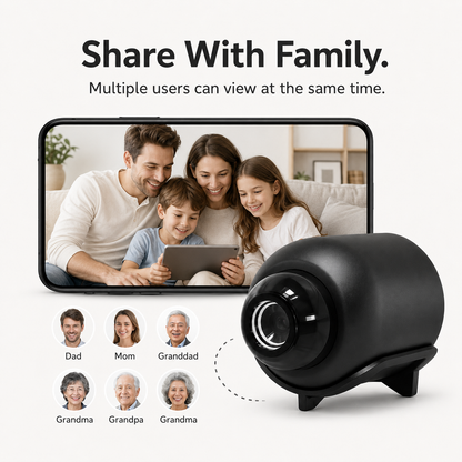 Smart home security camera with a family video call on a smartphone screen, showing multiple users can view at the same time.