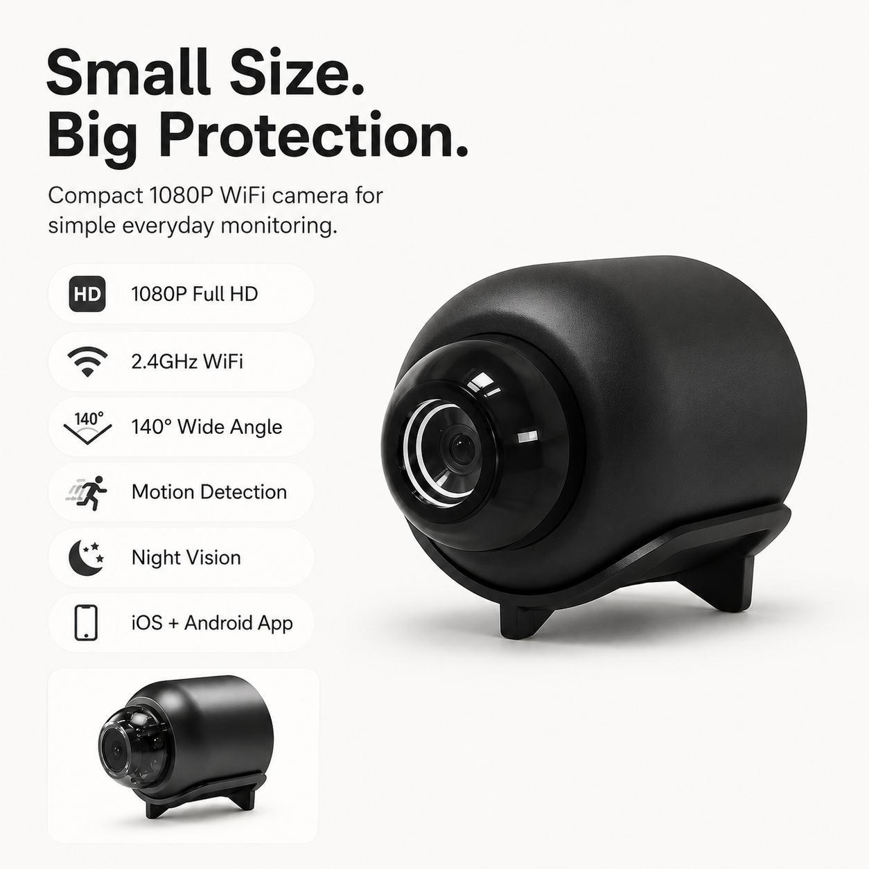 Compact 1080P WiFi camera with features listed on a white background