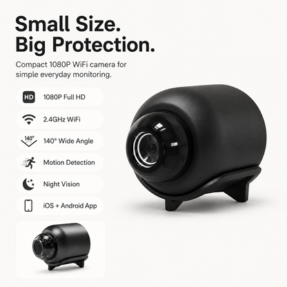 Compact 1080P WiFi camera with features listed on a white background