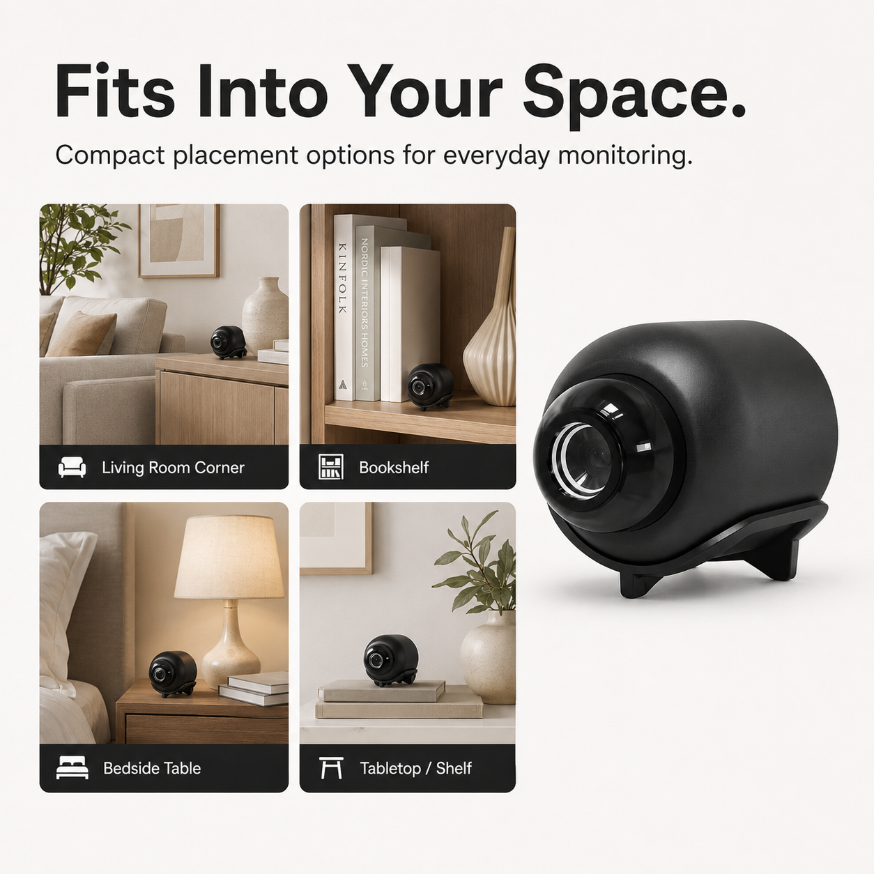 Black security camera with placement options in living room, bookshelf, bedside table, and tabletop.