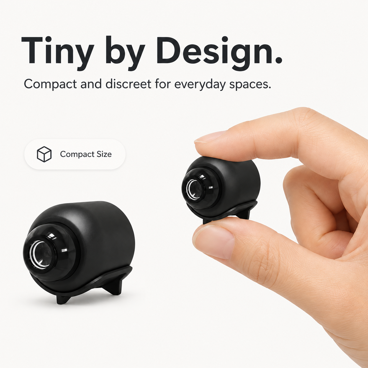 Small black camera held in a hand with text 'Tiny by Design' on a white background