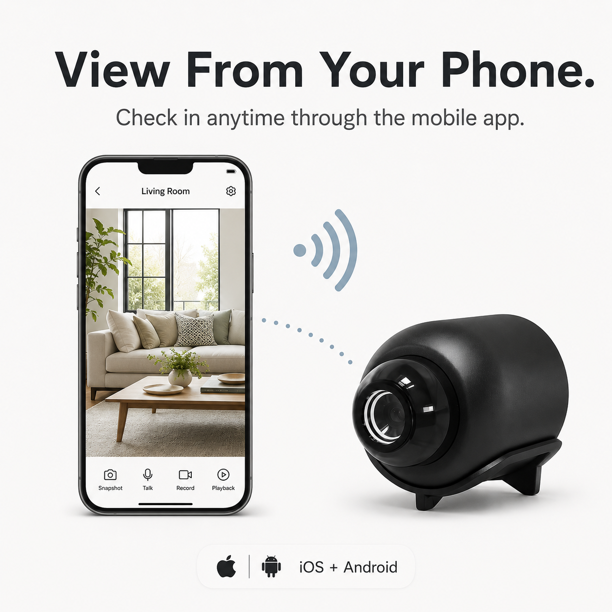 Smart home camera with smartphone app interface on a white background