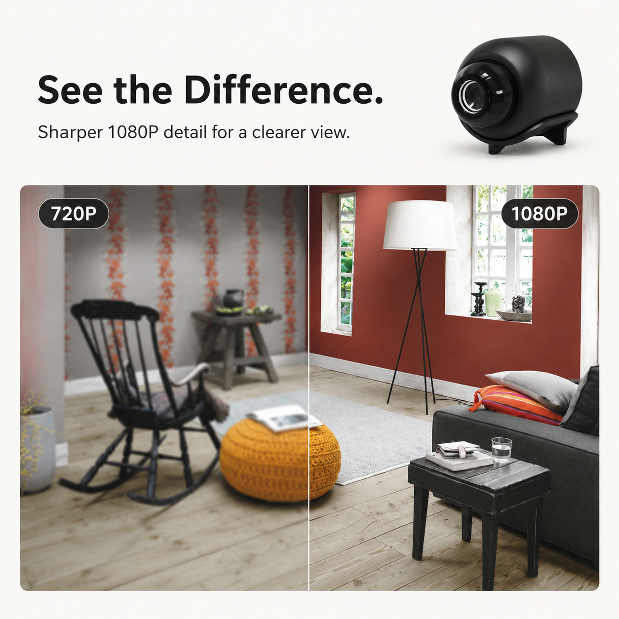 Comparison of 720P and 1080P video quality in a living room setting with a camera on top.
