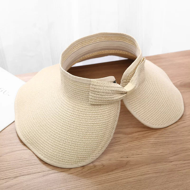 New Women Summer Visors Hat Foldable Wide Large Brim Bowknot Empty Top Straw Hats  chapeau femme Beach UV Protection Caps