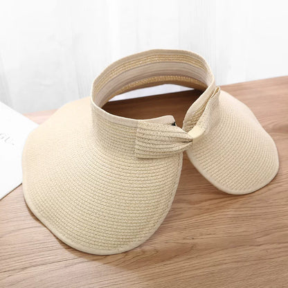 New Women Summer Visors Hat Foldable Wide Large Brim Bowknot Empty Top Straw Hats  chapeau femme Beach UV Protection Caps