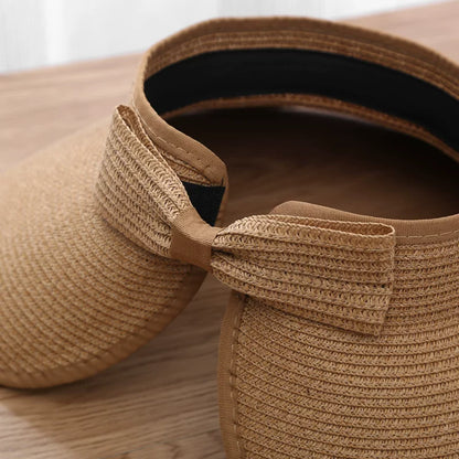 New Women Summer Visors Hat Foldable Wide Large Brim Bowknot Empty Top Straw Hats  chapeau femme Beach UV Protection Caps