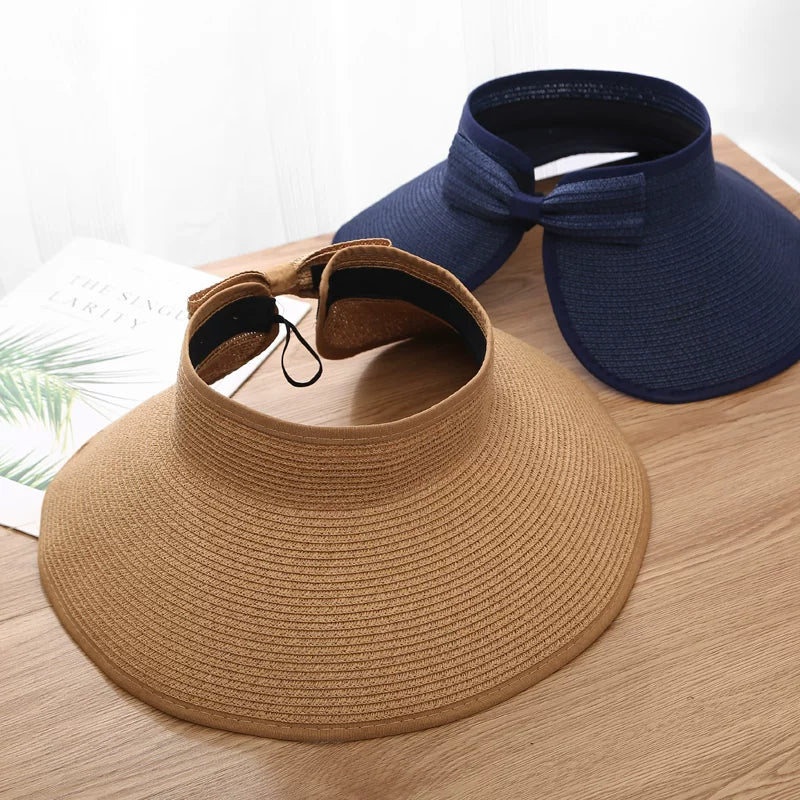 New Women Summer Visors Hat Foldable Wide Large Brim Bowknot Empty Top Straw Hats  chapeau femme Beach UV Protection Caps