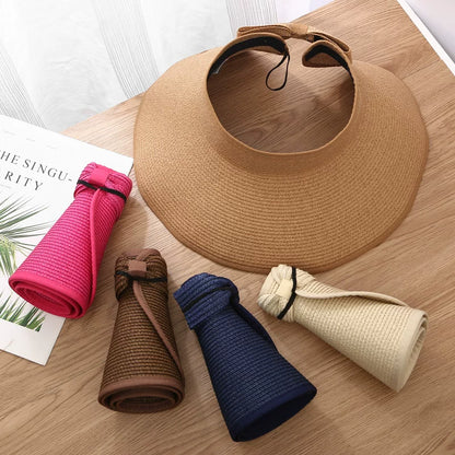 New Women Summer Visors Hat Foldable Wide Large Brim Bowknot Empty Top Straw Hats  chapeau femme Beach UV Protection Caps