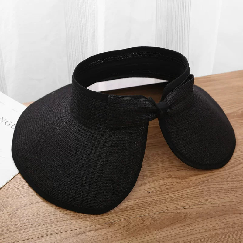 New Women Summer Visors Hat Foldable Wide Large Brim Bowknot Empty Top Straw Hats  chapeau femme Beach UV Protection Caps