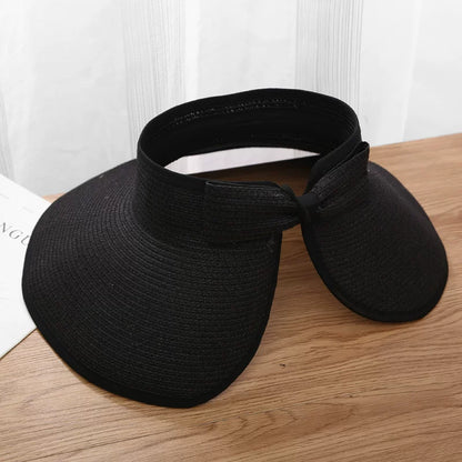 New Women Summer Visors Hat Foldable Wide Large Brim Bowknot Empty Top Straw Hats  chapeau femme Beach UV Protection Caps