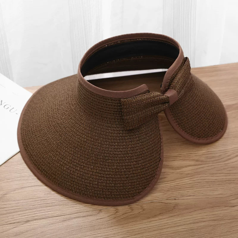 New Women Summer Visors Hat Foldable Wide Large Brim Bowknot Empty Top Straw Hats  chapeau femme Beach UV Protection Caps