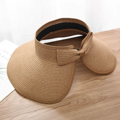 New Women Summer Visors Hat Foldable Wide Large Brim Bowknot Empty Top Straw Hats  chapeau femme Beach UV Protection Caps