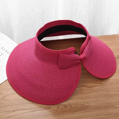 New Women Summer Visors Hat Foldable Wide Large Brim Bowknot Empty Top Straw Hats  chapeau femme Beach UV Protection Caps
