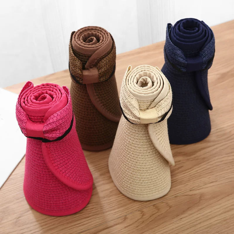 New Women Summer Visors Hat Foldable Wide Large Brim Bowknot Empty Top Straw Hats  chapeau femme Beach UV Protection Caps