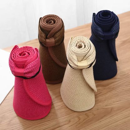 New Women Summer Visors Hat Foldable Wide Large Brim Bowknot Empty Top Straw Hats  chapeau femme Beach UV Protection Caps
