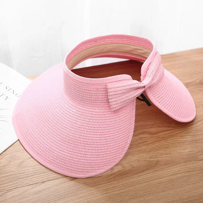 New Women Summer Visors Hat Foldable Wide Large Brim Bowknot Empty Top Straw Hats  chapeau femme Beach UV Protection Caps
