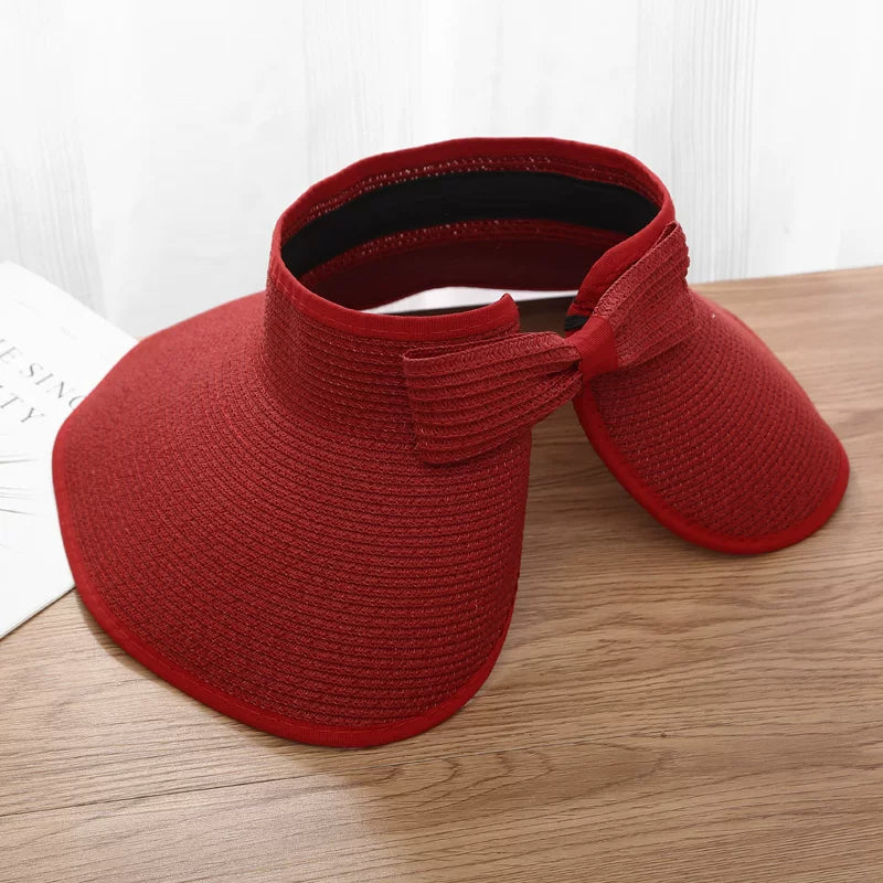New Women Summer Visors Hat Foldable Wide Large Brim Bowknot Empty Top Straw Hats  chapeau femme Beach UV Protection Caps