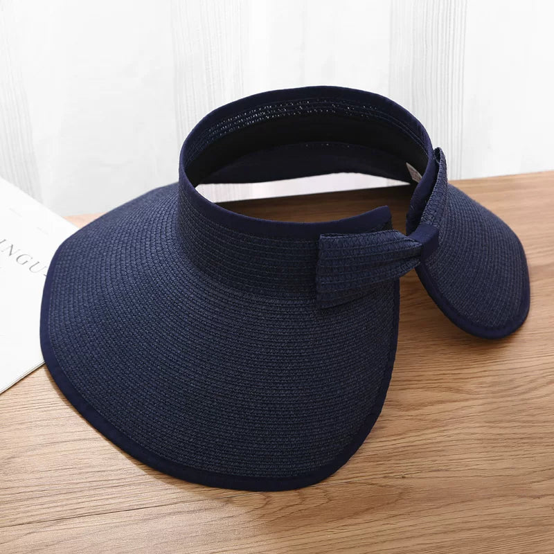 New Women Summer Visors Hat Foldable Wide Large Brim Bowknot Empty Top Straw Hats  chapeau femme Beach UV Protection Caps