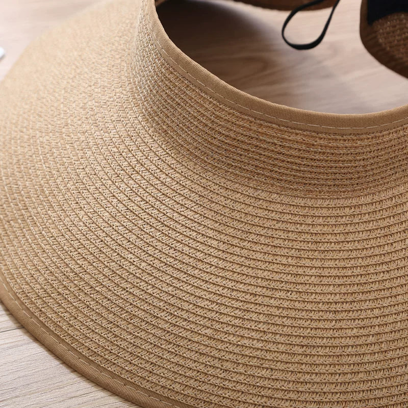 New Women Summer Visors Hat Foldable Wide Large Brim Bowknot Empty Top Straw Hats  chapeau femme Beach UV Protection Caps