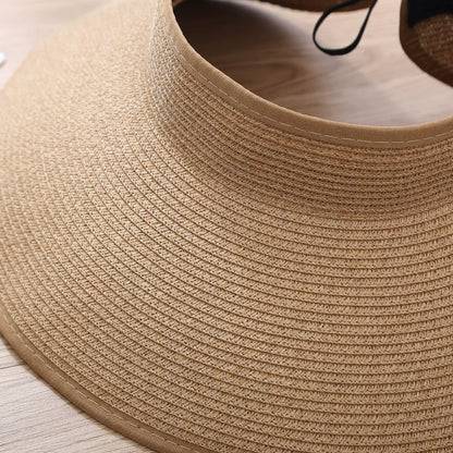 New Women Summer Visors Hat Foldable Wide Large Brim Bowknot Empty Top Straw Hats  chapeau femme Beach UV Protection Caps