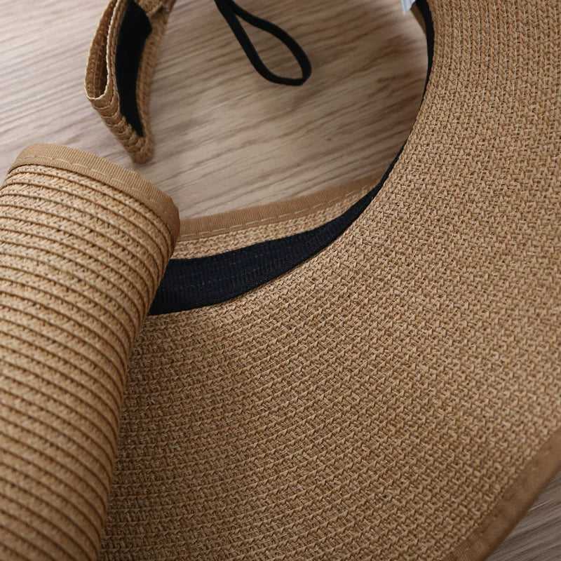 New Women Summer Visors Hat Foldable Wide Large Brim Bowknot Empty Top Straw Hats  chapeau femme Beach UV Protection Caps