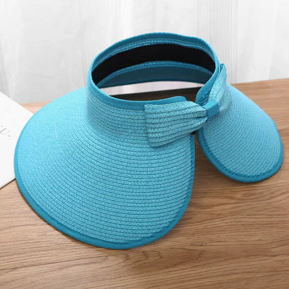 New Women Summer Visors Hat Foldable Wide Large Brim Bowknot Empty Top Straw Hats  chapeau femme Beach UV Protection Caps