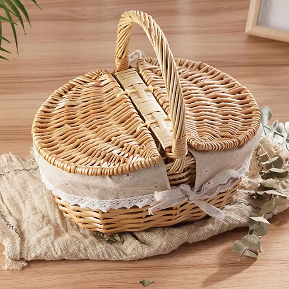 Handmade Willow Picnic Basket With Lid And Handle Washable Lining Willow Storage Basket Suitable For Outdoor Camping