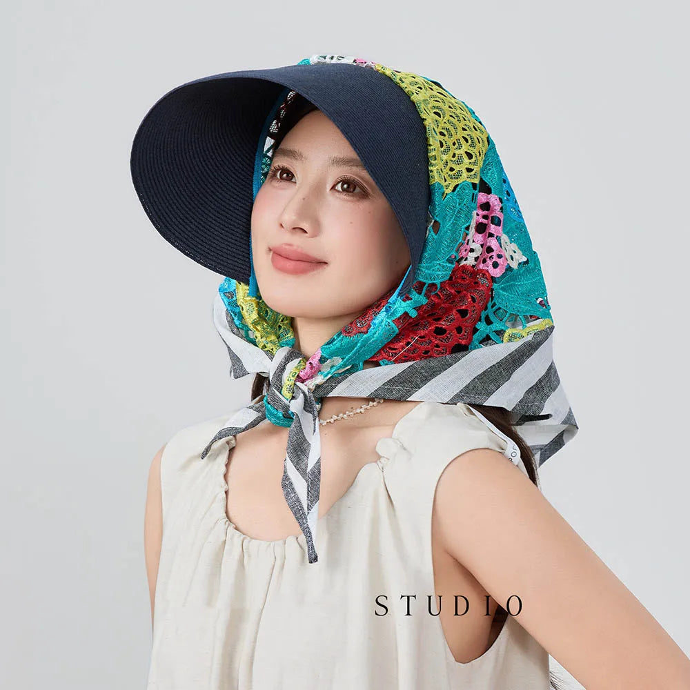 Japan Customize Women UV Paper Straw Sun Hat Hollow Lace Embroidered Headscarf Wide Brim Beach Visor Cap Summer Leisure Travel