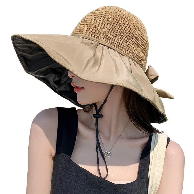 Summer Sun hat women's straw woven anti ultraviolet 2025 with big brim seaside black glue breathable Bucket hat umbrella hat