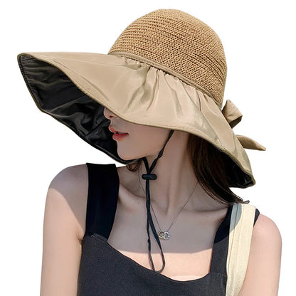 Summer Sun hat women's straw woven anti ultraviolet 2025 with big brim seaside black glue breathable Bucket hat umbrella hat